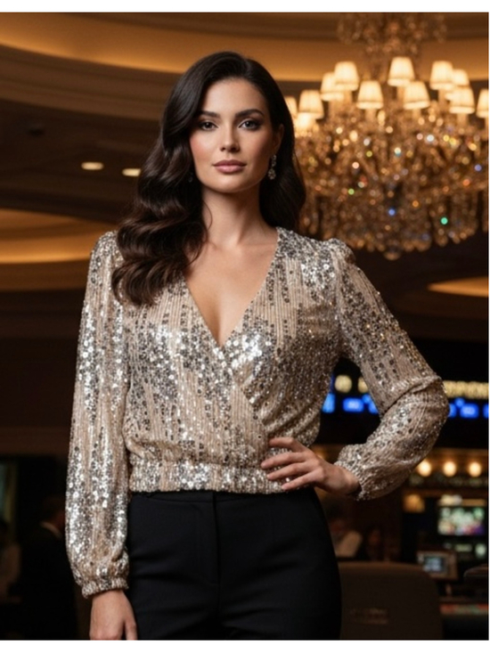 Tops - ✨ Gold Sequin Wrap Top Glam Party Blouse Small NYE Vegas Sparkle